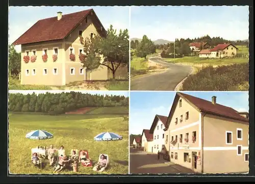 AK Rackling über Passau, Strassenpartie mit Gasthaus, Ortspartie mit Landstrasse, Ausflügler auf einer Wiese