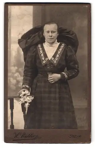 Fotografie H. Bichler, Steyr, Bahnhofstr., Portrait Dame im karierten Trachtenkleid mit Kopfschleife