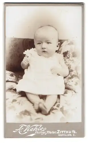 Fotografie A. Wehle, Zittau i. S., Hospitalstr. 2, Portrait kleines Kind mit grossem Kopf trägt weisses Kleid