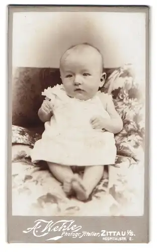 Fotografie A. Wehle, Zittau i. S., Hospitalstr. 2, Portrait Kleinkind mit grossem Kopd sitzt auf Couch