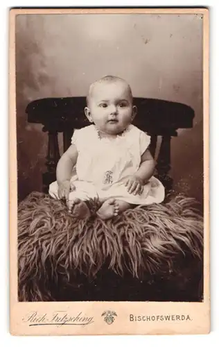 Fotografie Rich. Fritzsching, Bischofswerda, Albertstr. 17, Portrait Kleinkind im weissen Leibchen auf einem Fell sitzend