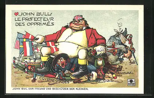 AK John Bull der Freund und Beschützer der Kleinen, Egypte-Indes, Belgique & Transvaal, Propaganda 1. Weltkrieg