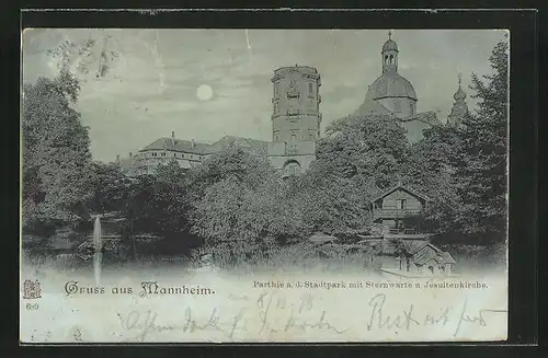 Mondschein-AK Mannheim, Stadtpark mit Sternwarte und Jesuitenkirche