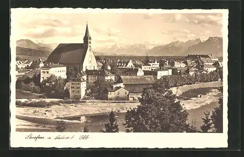 AK Laufen /Salzach, Kirchen gegen Alpenpanorama