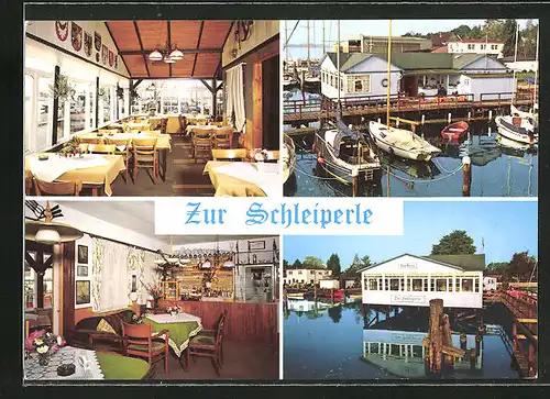 AK Bad Arnis, Gasthaus Zur Schleiperle auf der Schlei mit Booten, Innenansichten