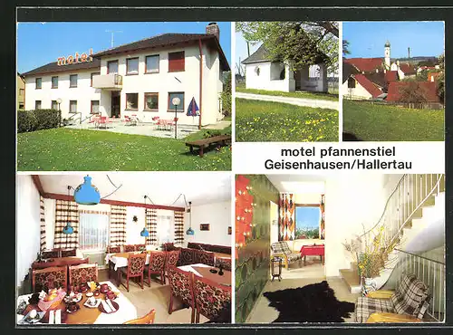 AK Geisenhausen /Hallertau, Motel Pfannenstiel, Innenansicht, Ortspartie mit Kirche