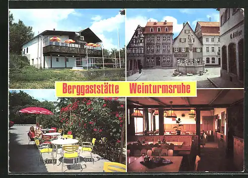 AK Bad Windsheim, Berggaststätte Weinturmsruhe, Innenansicht, Terrasse