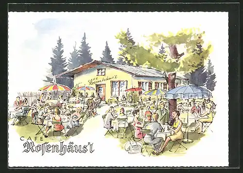 Künstler-AK Strasslach bei Grünwald, Café Rosenhäusl