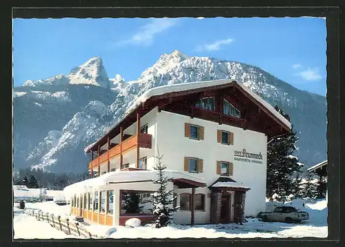AK Berchtesgaden-Schönau, Gasthaus Pension Café Brunneck im Schnee