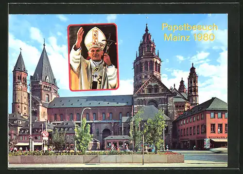AK Mainz, Papstbesuch Papst Johannes Paul II. 1980, Dom und Geschäft