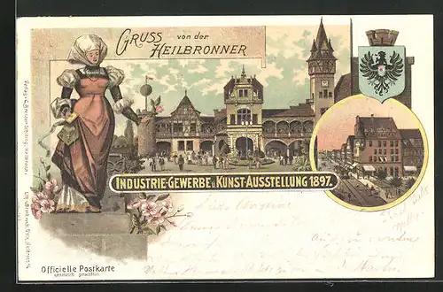 Lithographie Heilbronn, Industrie-Gewerbe- und Kunst-Ausstellung 1897, Strassenpartie, Ausstellungsgebäude