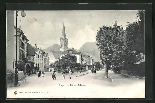 AK Ragaz, Bahnhofstrasse mit Kirchblick