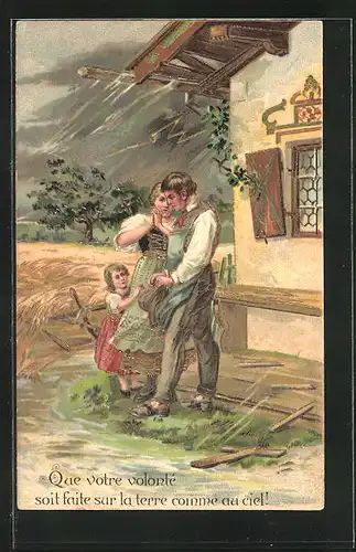 Präge-AK Que votre volonté, Paar mit kleiner Tochter vor Haus im Sturm, Religion
