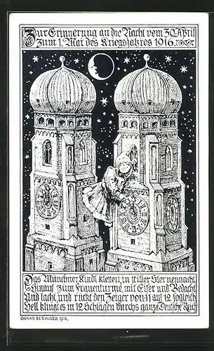 Künstler-AK München, Münchner Kindl am Frauenturm bei Mondschein, Einführung der deutschen Sommerzeit 1916