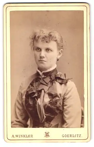 Fotografie A. Winkler, Goerlitz, Berlinerstr. 12, Portrait Dame im Biedermeierkleid mit Schleifen und Locken