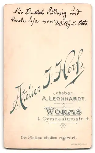 Fotografie Atelier J. Herf, Worms, Gymnasiumstr. 4, Portrait Herrn Willi und Otto im Anzug mit Fliege, Oberlippenbart