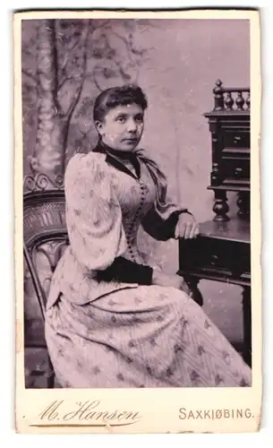 Fotografie M. Hansen, Saxkjobing, Portrait Dame im gemusterten Kleid mit Locken sitzt am Sekretär