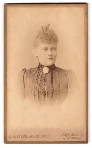 Fotografie Joh. Steph. Schroeder, Annaberg i. S., Carlsplatz 756, Portrait Dame im Biedermeierkleid mit Brosche, Locken