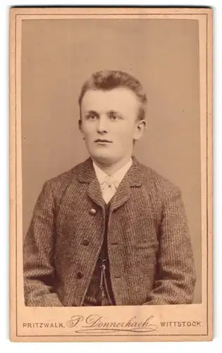 Fotografie P. Donnerhack, Pritzwalk, Portrait junger Mann im gestreiften Tweedanzug mit Bürstenhaarschnitt
