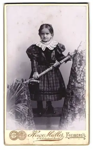 Fotografie Hugo Müller, Freiberg i. S., Fischer-Str. 29, Portrait Mädchen im dunklen karierten Kleid mit Spitzenkragen