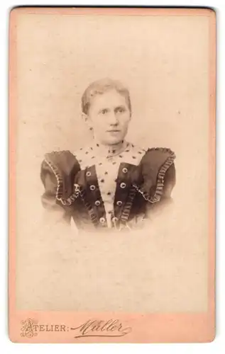 Fotografie Moritz Müller, Rochlitz, Obere Gärtnerstr., Portrait Dame im verzierten Kleid mit Puffärmeln