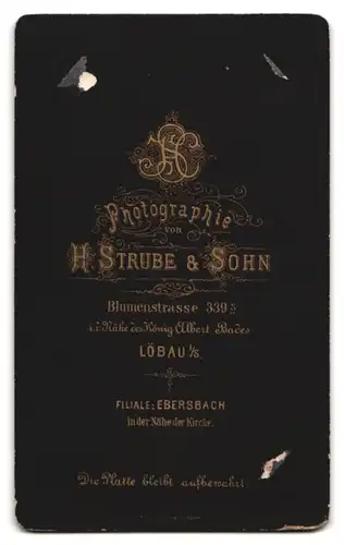 Fotografie H. Strube & Sohn, Löbau, Blumenstr. 339, Portrait Mädchen im samtenen Kleid mit Lackschuhen