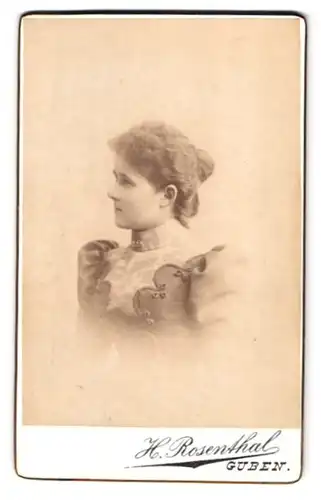 Fotografie H. Rosenthal, Guben, Portrait junge Frau im Biedermeierkleid mit Dutt und Puffärmeln