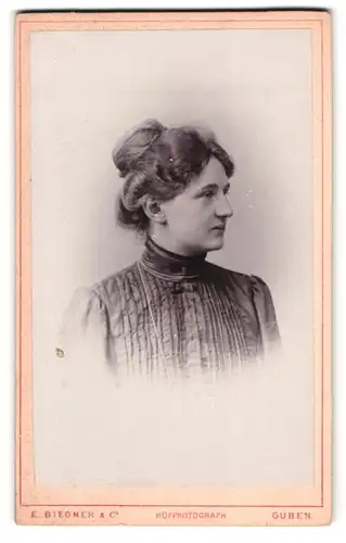 Fotografie E. Biegner & Co., Guben, am Wilhelmsplatz 9, Portrait Dame im Biedermeierkleid mit Hochsteckfrisur