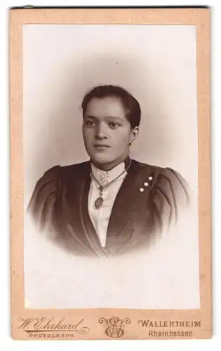 Fotografie W. Erhard, Wallertheim, Portrait Dame im Puffärmel Kleid mit Halskette und Brosche
