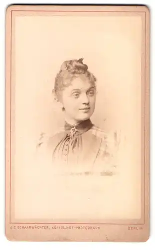 Fotografie J. C. Schaarwächter, Berlin, Leipziger-Str. 130, Portrait Dame im karierten Kleid mit Hochsteckfrisur
