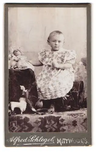 Fotografie Alfred Schlegel, Mittweida i. S., Portrait Mädchen im Blümchenkleid mit Puppen und weiterem Spielzeug