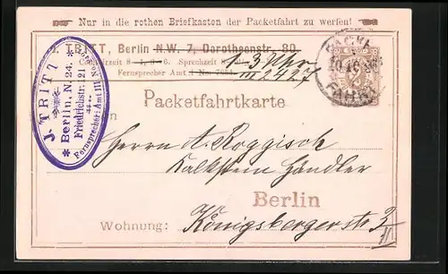 AK Private Stadtpost, Packetfahrtkarte Berlin, J. Tritt