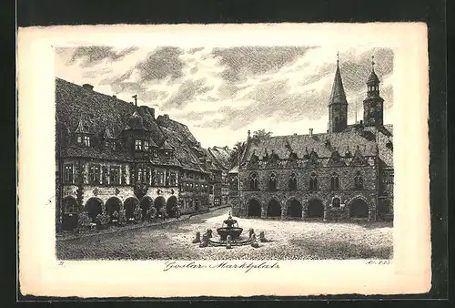 Künstler-AK Goslar, Marktplatz mit Brunnen