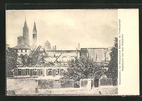 AK Strassburg, Brandstätte: Im Hintergrund Münster, Im Vordergrund Stadtmauer aus dem Mittelalter