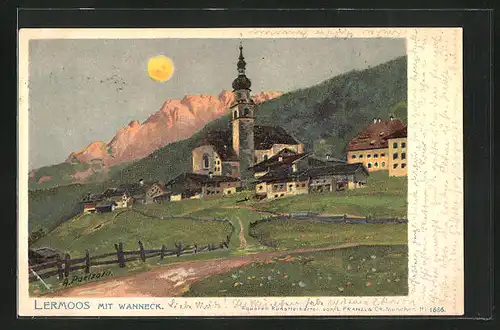 Künstler-Lithographie A. Paetzold: Lermoos, Teilansicht mit Kirche und Wanneck