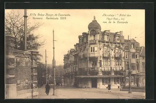 AK Verviers, XIVa Belga Kongr. de Esperanto Pentekosto 1925, Akoeptejo: Hôtel des Pays-Bas, Kaj rue de la Concorde