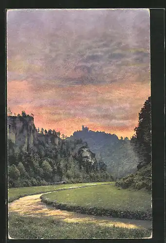 Künstler-AK Photochromie Nr. 4807: Flusspartie im Abendrot