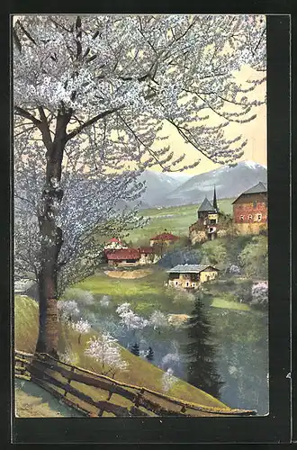 Künstler-AK Photochromie Nr. 2709: Flusspartie in Tirol während Obstblüte
