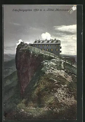 AK Schafberg, Hotel auf dem Gipfel im Mondschein