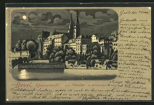 Lithographie Basel, Rheinansicht mit Münster im Mondschein