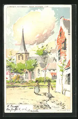 Künstler-AK Dilbeek, L`Eglise, Strassenpartie an der Kirche
