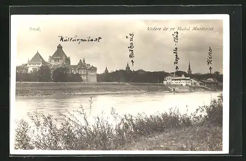 AK Arad, Vedere de pe Malul Muresului, Kulturpalast und Regatta-Club