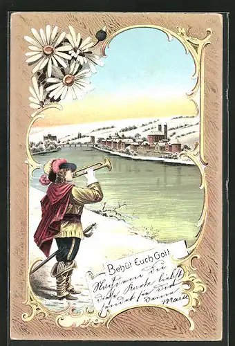 Lithographie Behüt Dich Gott!, Trompeter von Säckingen am winterlichen Flussufer