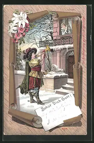 Lithographie Behüt Dich Gott!, Trompeter von Säckingen verabschiedet sich von der Liebsten
