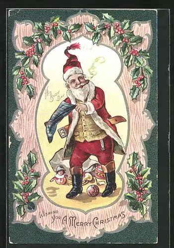 Präge-AK Weihnachtsmann mit Pfeife im Mund füllt einen Strumpf mit Geschenken