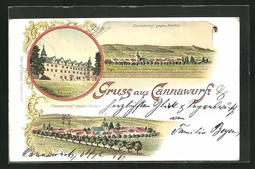 Lithographie Cannawurf, Schloss, Gesamtansicht