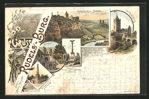 Vorläufer-Lithographie Rudelsburg, 1895, Burgtor, Die Rudelsburg, Denkmal der 1870-71 gefallenen Soldaten