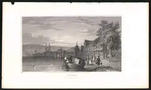 Stahlstich Boppart, Flusspartie mit Ufer und Fähre, Stahlstich von Tombleson um 1840, 24 x 15cm
