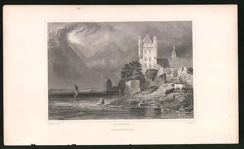 Stahlstich Eltville, Burg im Sonnenschein, Stahlstich von Tombleson um 1840, 15 x 24cm