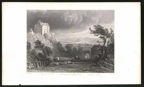 Stahlstich Argenfels, Schloss gegen Gebirgszug, Stahlstich von Tombleson um 1840, 15 x 24cm